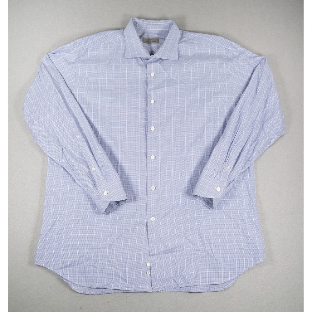 Canali Mens Dress Shirt Blue White Micro Check Cotton Long Sleeve Made in Italy
